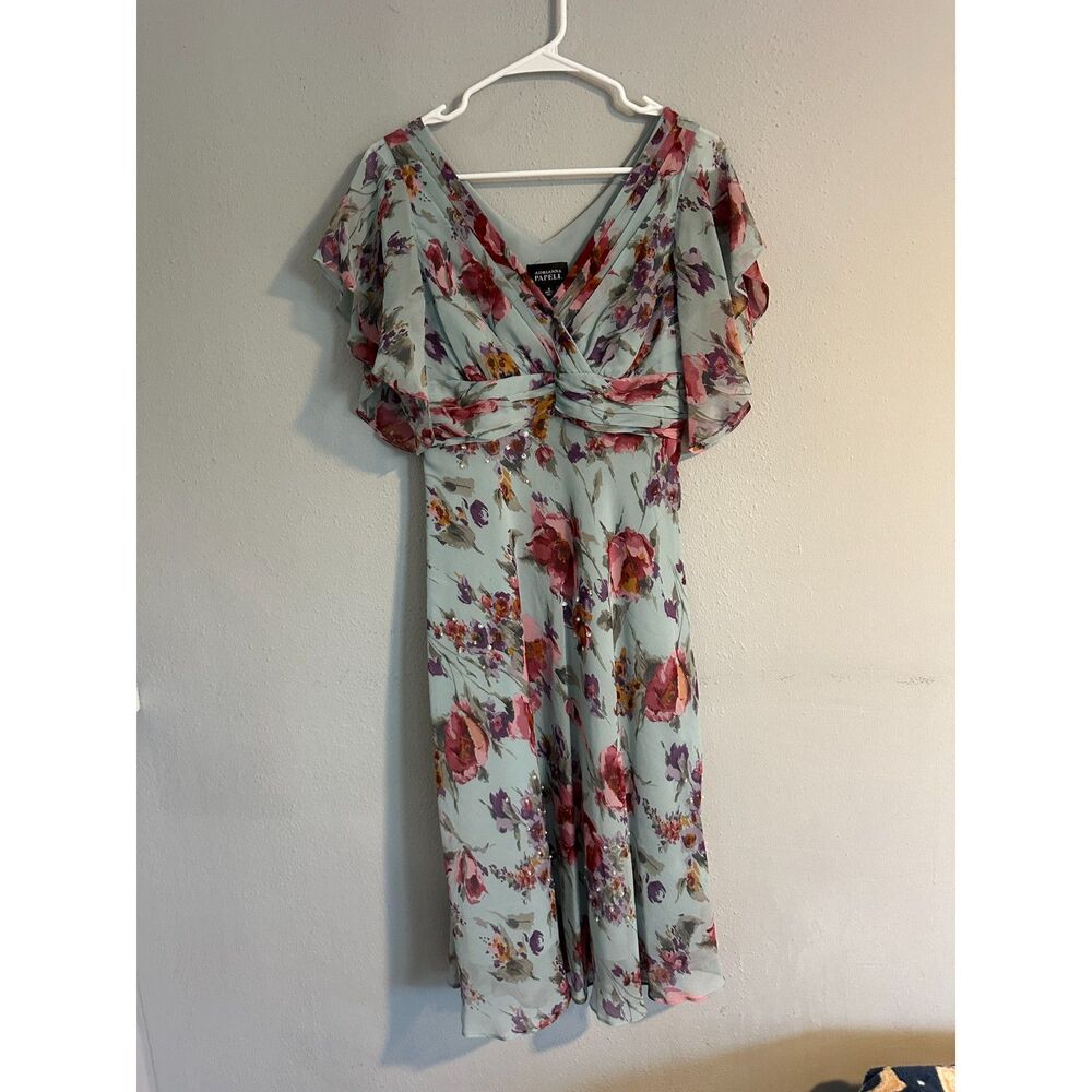 Adrianna Papell 100% Silk Floral Midi Dress Blue Flutter Sleeve Women's 8 - Picture 7 of 11